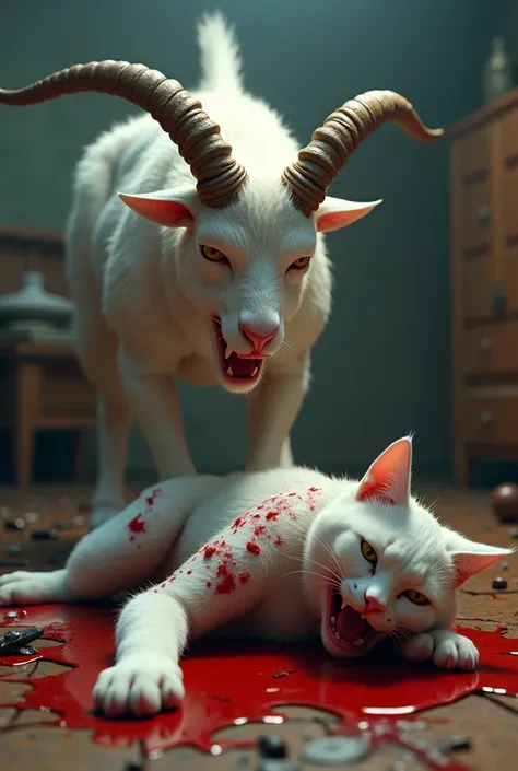 A realistic 3D scene showing a muscular bodybuilder white cat with a human-like physique, lying on the floor after being struck by a knife. The cat has bruises and cuts, its face filled with pain and exhaustion, as it lies in a pool of blood, looking defea...