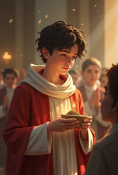 The boy, Already mature ,  is at a daily mass ,  taking the Eucharist with devotion.  animated 