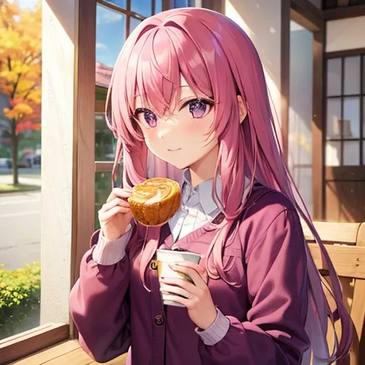  pretty girl ,Pink Hair, long hair,purple eyes ,Im eating breakfast,autumn