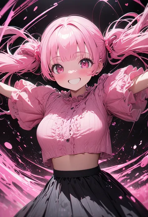 cute woman, pink short side twin tails, happy shy smile, wearing casual crop top and flared skirt, background jet black room, pink heart, ultra detailed, absolutely resolution, masterpiece