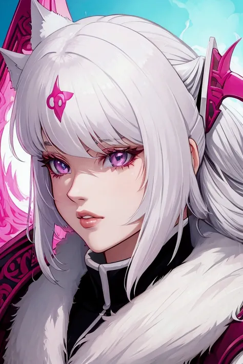 a big and strong white-haired woman wearing armor with a pink wolf mask, 90s anime art .