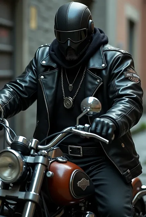 Create an RPG token of a motorcycle club biker who wears a black helmet to hide his entire face and is sitting in a Harley-Davidson.