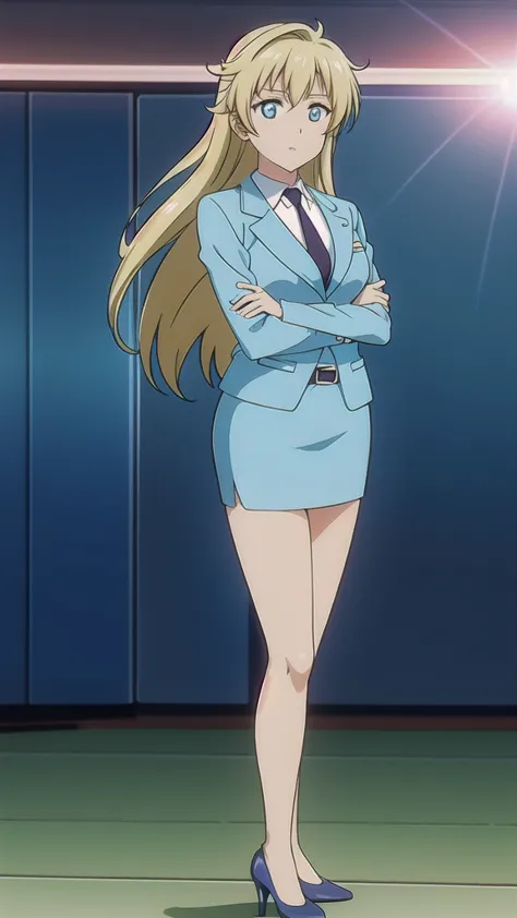 blonde、 long hair、hair band、茶colorの瞳、悲しいface, full body style 、 normal breasts、 narrow waist 、bare legs、 in a suit、 blue jacket ...