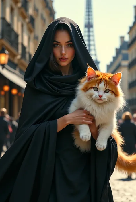  a woman wearing a black veil and all-black gamis , then the womans face looks beautiful walking next to a giant white cat mixed with orange hues is walking too, and is facing directly at the camera while walking , the cat is gigantic in size and with a ve...