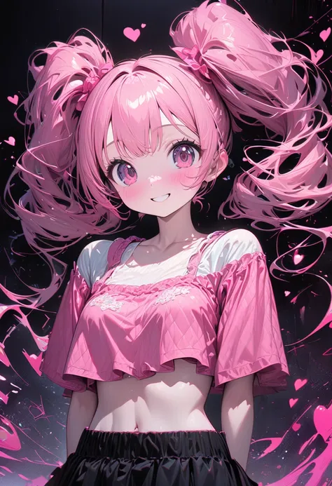 cute woman, pink short side twin tails, happy shy smile, wearing casual crop top and flared skirt, background jet black room, pink heart, ultra detailed, absolutely resolution, masterpiece