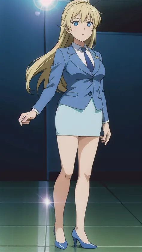 blonde、 long hair、hair band、茶colorの瞳、悲しいface, full body style 、 normal breasts、 narrow waist 、bare legs、 in a suit、 blue jacket ...