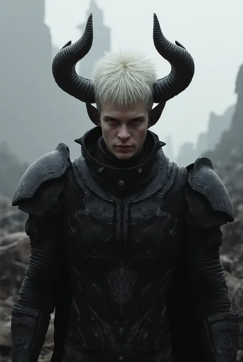 a young adult man with white hair with a serious look at the camera, he has red eyes, horns and black armor, he is in an apocalyptic environment