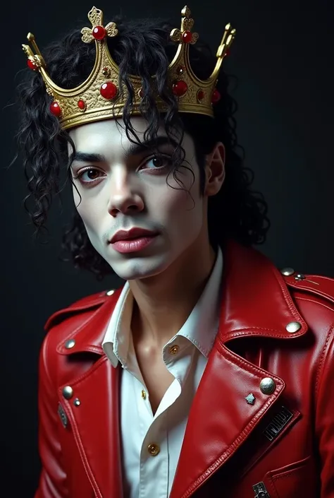 Michael Jackson white black eyes black long curly hair white shirt red leather jacket red leather jacket black jeans with gold crown on the head at night 