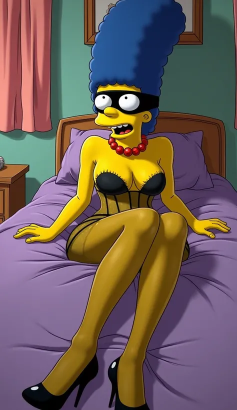 Bart finds Marge Simpson in black transparent pantyhose and high heel lying blindfolded in bed masturbating, cartoon style