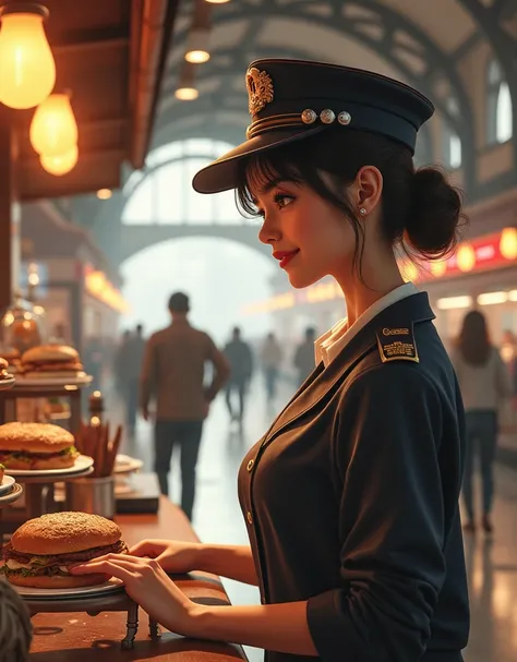 a crowded and lively train station with passengers, a young and beautiful woman in uniform selling coffee and sandwiches at the stations kiosk, detailed realistic interior of the train station, bright lighting, warm colors, people rushing through the stati...