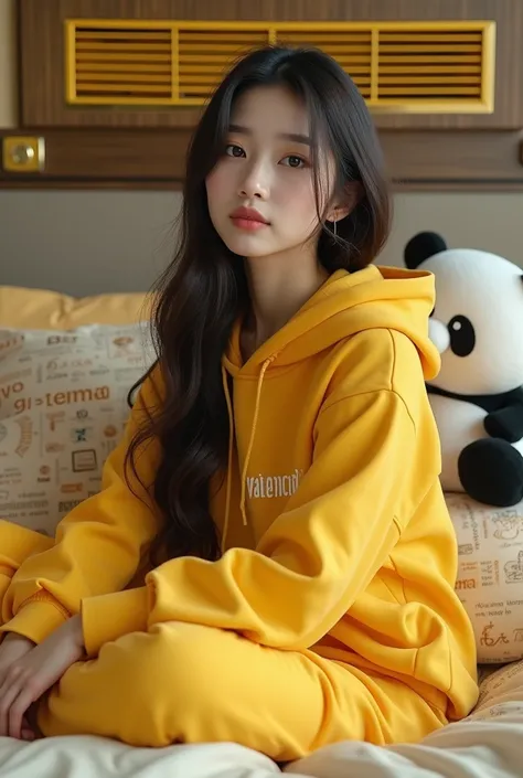   beautiful Korean girl  ,   smooth white skin ,  Beautiful face ,   Long Hair ,   yellow hoodie ,    yellow jumpsuit pants   , sitting on a luxurious bed with a bolster pillow with the valencia logo while hugging a large yellow male doll,   There is a pan...