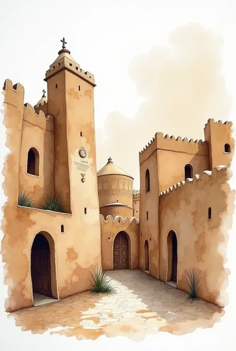 Watercolors in an abstract style as if it were a drawing of buildings from old Sanaa