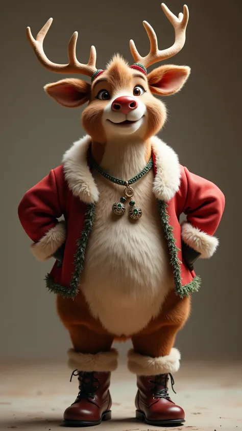 photorealistic portrait of anthropomorphism of ((fat)) (reindeer) ,(Art by wlop:1.2),(Christmas theme),(cute),(happy smile:1.5), (elegant),(hands on hips:1.5), high quality,(lovely) ,(highly detailed fur texture),Christmas motif accessories,,(), ( boots),(...