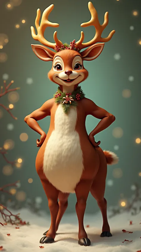 photorealistic portrait of anthropomorphism of ((fat)) (reindeer) ,(Art by Alphonse Mucha:1.2),(Christmas theme),(cute),(happy smile:1.5), (elegant),(hands on hips:1.5), high quality,(lovely) ,(highly detailed fur texture),Christmas motif accessories,,(), ...