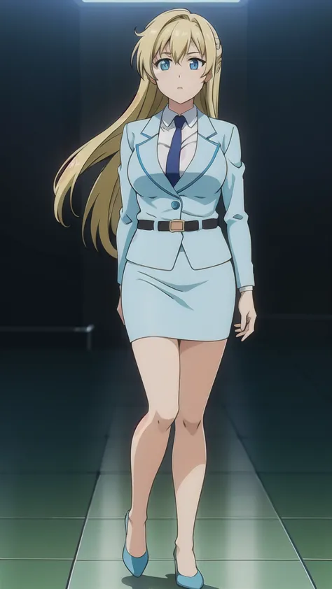 blonde、 long hair、hair band、茶colorの瞳、悲しいface, full body style 、 normal breasts、 narrow waist 、bare legs、 in a suit、 blue jacket ...