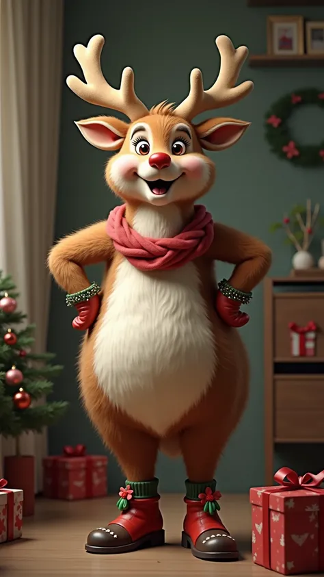 photorealistic portrait of anthropomorphism of ((fat)) (reindeer) ,(Art by Giuseppe Arcimboldo:1.2),(Christmas theme),(cute),(happy smile:1.5), (elegant),(hands on hips:1.5), high quality,(lovely) ,(highly detailed fur texture),Christmas motif accessories,...