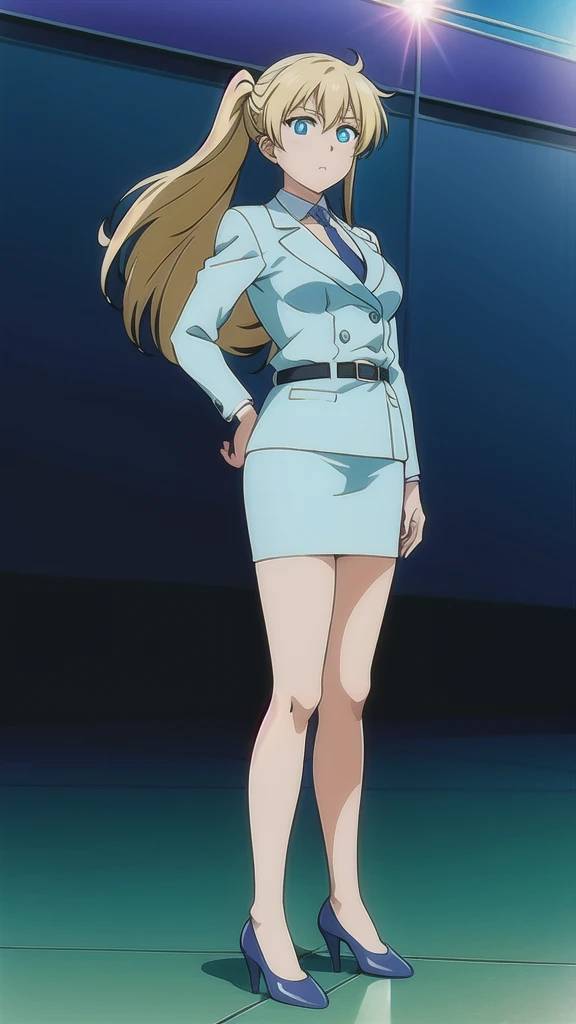 Blonde、 long hair、Hair band、茶colorの瞳、悲しいface, Full Body Style 、 normal breasts、 narrow waist 、Bare legs、 in a suit、 blue jacket ,襟付き shirt, shirt,  blue tie,belt,,  Blue Mini Pencil Skirt, black tights,Black High Heels, Official Art, Extremely Detailed CG ...