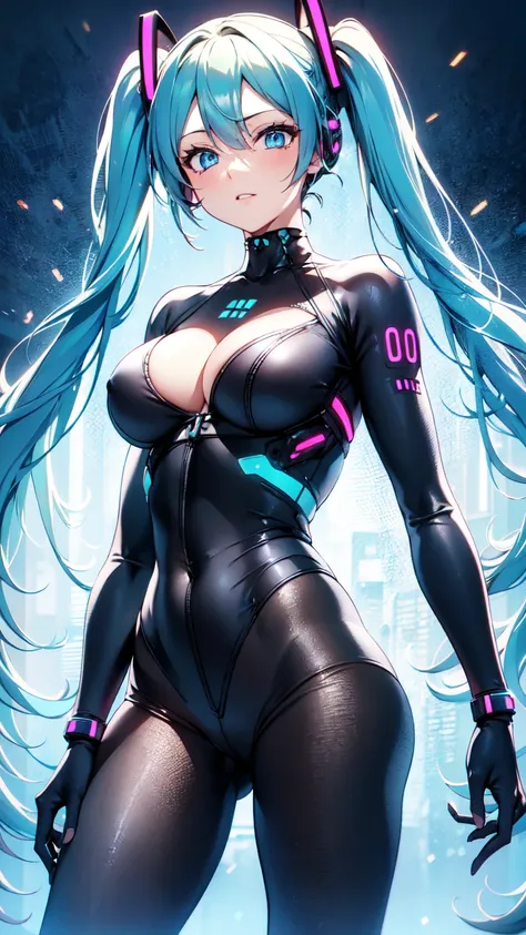 Hatsune Miku VOCALOID,  twin tails,  light blue eyes ,  light blue hair, Tight fitting bodysuit,  cyberpunk ,  ultimate physical beauty ,   beautiful eyes , Big Breasts, ,  best quality,  Max Image,