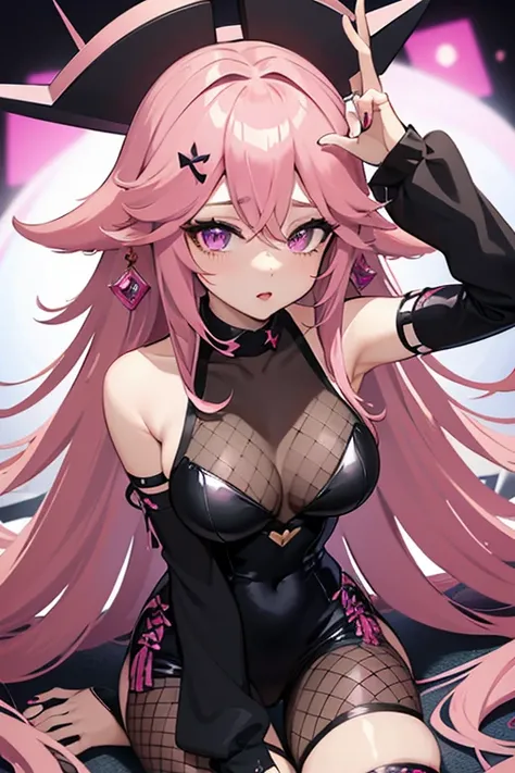 hot girl, kpop idol, yae miko,black tight bunny clothes, black bunny ears, PINK hair, long hair, best quality,(hair ornament:1.35), jewelry, purple eyes, earrings, big but medium breasts, long black sheer fishnet socks, detailed face, nontraditional miko, ...