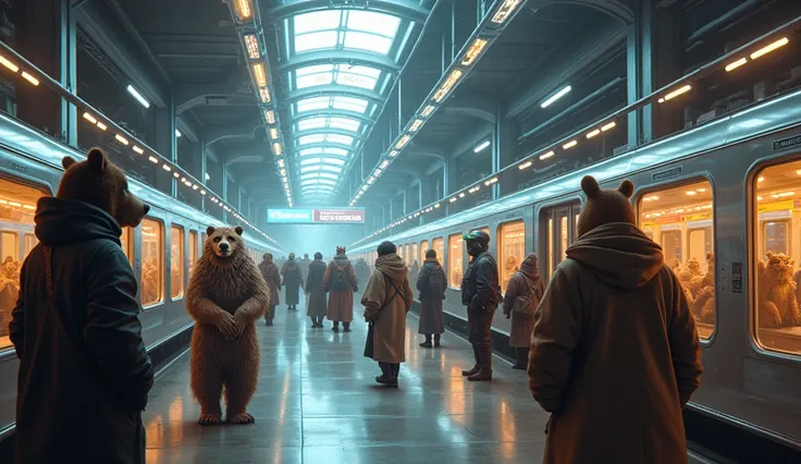 in Busy Train Station in future in space, cute retro future train, lot of  space people, space alien, bear, lion, fishman, frogman, train,