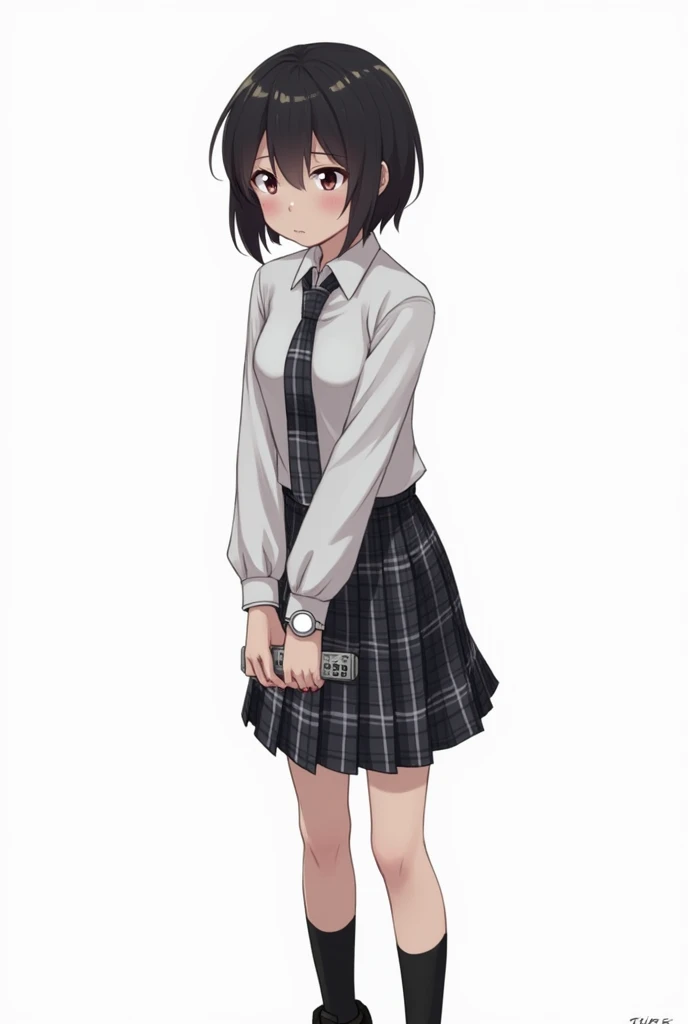 Teenage woman with black and short hair and with white anime watch and pink nails with schoolboy long-sleeved white shirt and plaid tie in dark gray and white and plaid pleated skirt in combination of dark gray and white colors, following a uniform pattern...