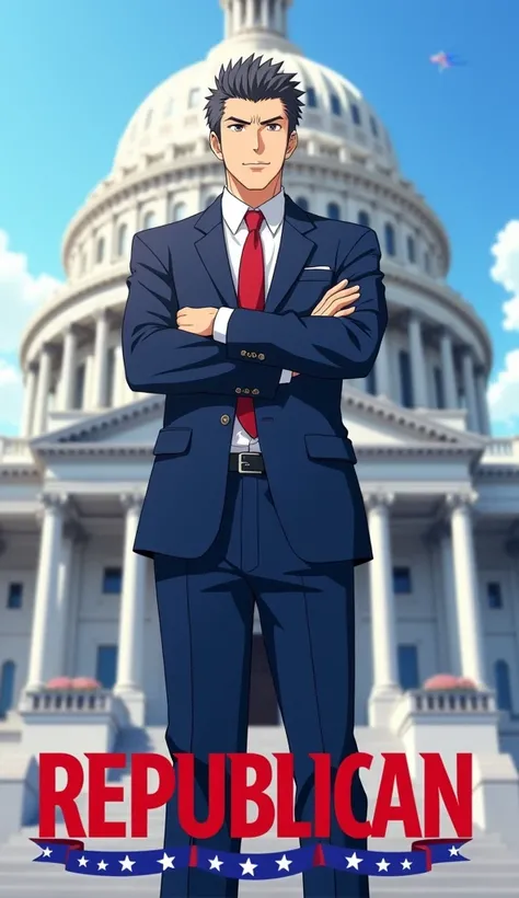 "An anime-style character standing proudly in front of a grand, classical government building, symbolizing tradition and leadership. The character wears a formal suit in deep blue, with a red tie. Their expression is strong and confident, exuding a sense o...