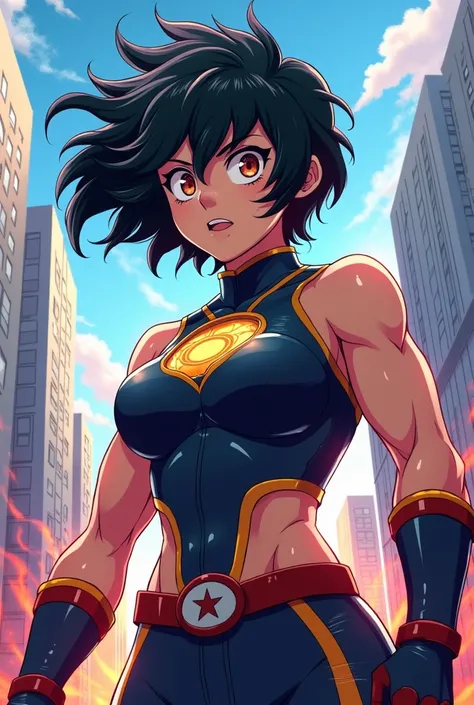 short black haired muscular futanari girl, my hero academia art style