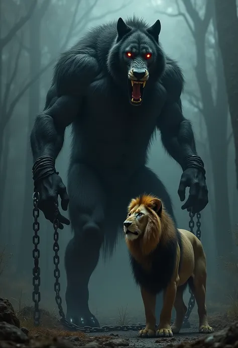 giant wolf,  fierce black humanoid wolf , diabolic eyes ,  tied with chains .  Dark movie scene ,  terrifying ,  in the scene there is also a lion,  the lion represents power  (majesty) 