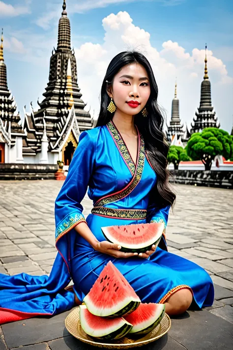 Black long-haired woman wearing blue Thai dress at Wat Arun Ratchawararam
Holding a watermelon. Realistic image