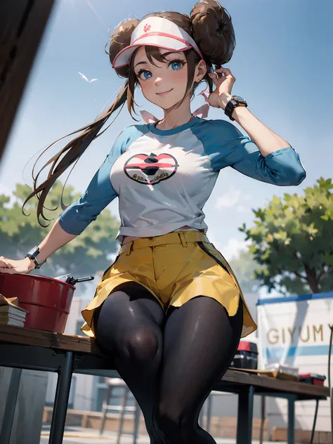 ((  Masterpiece , best quality)),  absurd,  ro1, Hair Bun,  blue eyes,  twin tails,  Visor Cap ,  pantyhose,  raglan sleeve, Yellow shorts,  shirt,  Pink Ribbons ,  watch ,
 Alone, smile,  look at the viewers,  cowboy shooting,  Cinematic Composition ,  dy...