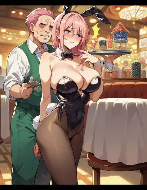 Nakano Ichika,  Pink Hair,  shorthair、 bunny suit　Big Breasts　  girl１people、old　man、A man looks at cleavage 、　nsfw(1.4)　　　Fold your arms　Displeased　blush　 look away　casino　gambling house　dealer　　 side view　 full body　Counter seats　Tray　Standing in a 