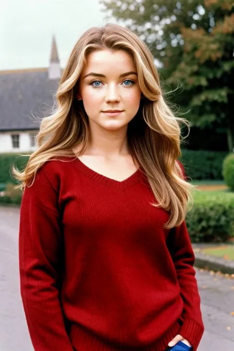 Medium view, of young aged, 19 year old, Sarah Bolger, gilf, milf, face portrait, irish features, chubby, long hair, blond hair, Gryffindor jumper￼, in Small town 1980s ireland,