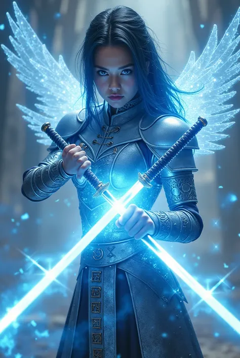 (young woman) (with blue eyes that radiate blue rays) (blue-black) (from which rays of power come out of her hands) (She has a silver warrior armor with Hebrew letters) (that covers her entire body) (and two katana with rays) (with shining wings) (and a bl...