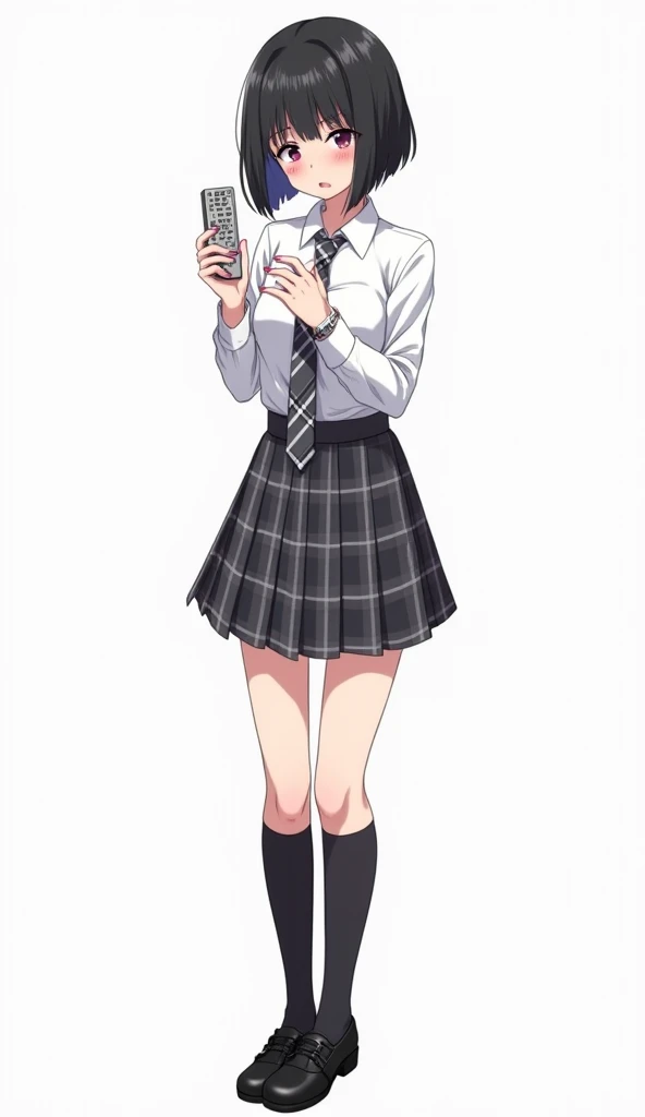 Teenage woman with black and short hair and with white anime watch and pink nails with schoolboy long-sleeved white shirt and plaid tie in dark gray and white and plaid pleated skirt in combination of dark gray and white colors, following a uniform pattern...