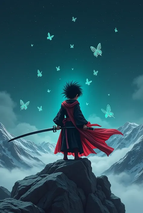 Hasbulla holding a katana straigh sword, standing on a mountain below a black sky, wearing black and red robe with neon blue green butterflies beside him