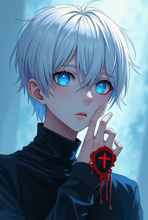 White haired boy,opaque sky blue eyes ,black clothes, moderately muscular physique , a red ring in the shape of a cross,pale skin,anime.