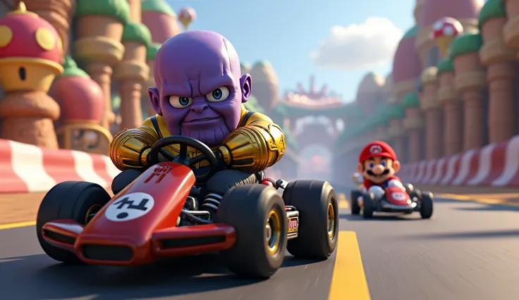 thanos with his kart car behind suoer mario kart