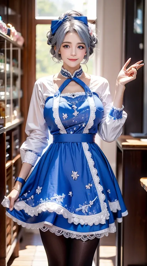 An older woman in her 60s running a candy shop with a kind smile blue eyes and grey hair still pretty, short, Victorian fantasy style dress and apron 
