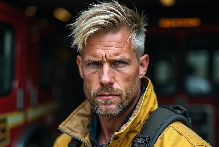 masterpiece, best quality, high resolution, closeup portrait, male focus, solo focus, A man, 45 years old, with firefighter uniform, firefighter suit, firefighter, bleached blonde silver hair, looking french, messy short hairstyle, lean body, cute and sedu...