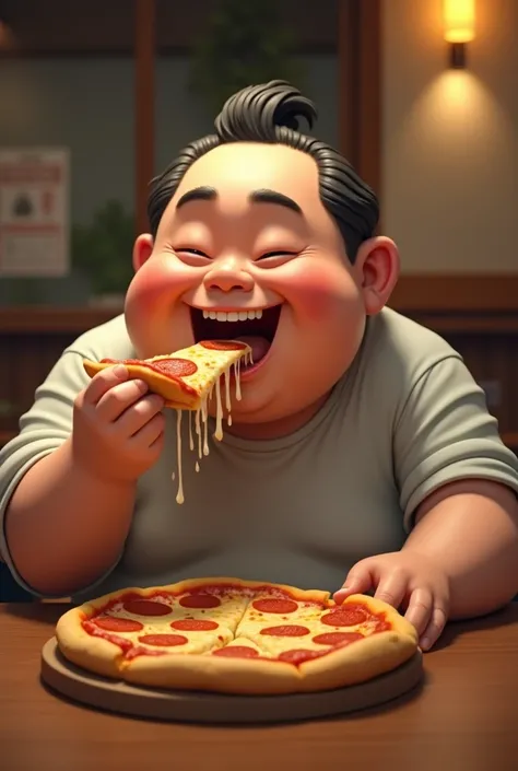 Chubby Japanese man eating pizza