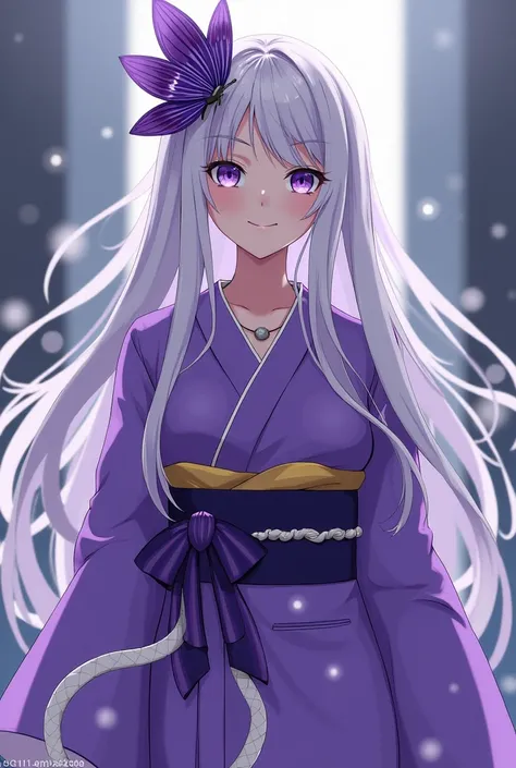 name:  Paula Suzuki
gender :  feminine
age :  17
eye color :  purple with a white sheen
hair color :  white reaches up to your hips
tastes : A purple and white yukata
mascot :  sign a white snake called Haru is always on its neck
accessories :  a purple bu...