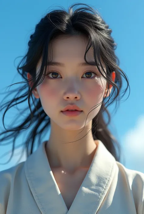  Japanese,Blue sky in the background,Very natural hair, Extremely Realistic Face ,Extremely realistic skin, Clothes with realistic fabric texture, 8k Ultra HD, Realistic light and shadow effects