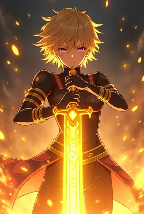 "An epic anime-style character with a glowing golden sword, holding the blade in a dramatic pose. The character has short, wild hair illuminated by the intense golden light of the sword. The outfit features triangular patterns and dynamic shading, with the...