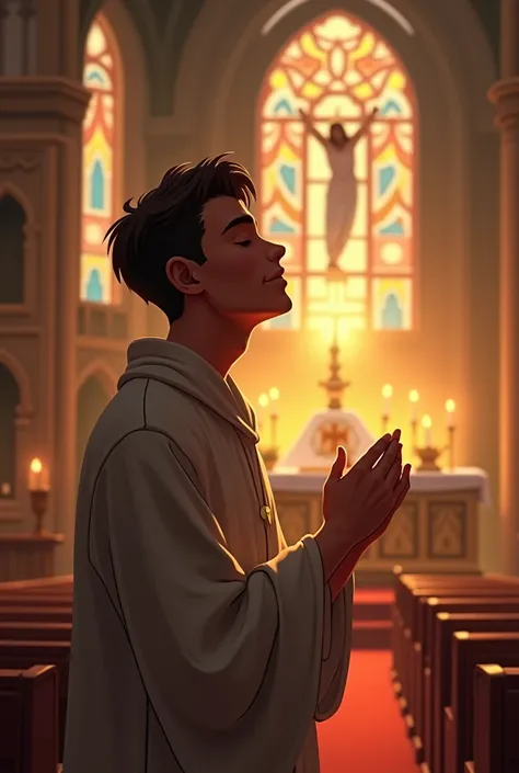 The young man is at a daily mass, receiving the Eucharist with devotion.  animated