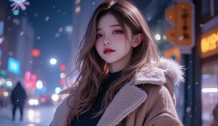 (masterpiece, Best picture quality, 8k),  real photo ,Idol appearance,winter, city streets,Clear day ,adult,  perfection of fashion,  Korean makeup, Lip Tint,whole body, frontal,A faint smile,Outdoor, Exquisitely Painted , Realistic,  ultra high definition...