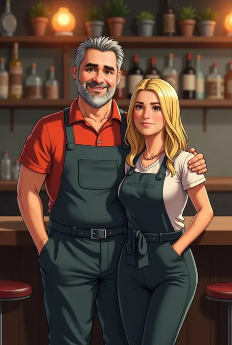  Middle aged man a bit fat gray about 40 years old with a blond  son and a slightly fat, short woman with blonde hair up to her tits, Close-knit family in bar work clothes . fictional character , create based on the image. PLAY THE COUPLES SON AS MENTIONED...