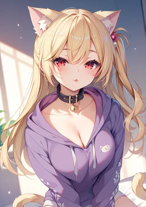 Alone、 girl、 cute、One side up、 blonde alone、  shorthair、 cat ears the same color as hair、Red Eyes、 Black collar、Purple hoodie、 hot pants、Cat pause 、  Masterpiece ,  Its high definition  , High image quality , 