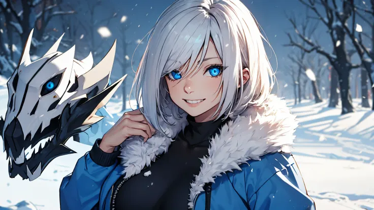 Sans Blue Jacket Black Shirt Fire Eyes Skull Smile Long Lashes White Short Hair Luminous Face Blue Dragon Skull Cannon One Person Standing In Snow Town Femininefull Super huge big breasts breast enlargement full-body shot 