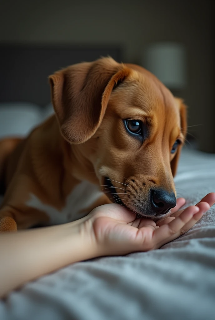 Dog licking the hand of a human being under the bed terror , 