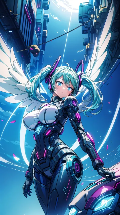 masterpiece, Hatsune Miku VOCALOID,  ((Mecha Girl)),  twin tails,   light blue eyes  ,   light blue hair ,   Bodysuit  , (( angel wings)), (Mecha Girl), ((  cyberpunk  )),   ultimate physical beauty  ,    beautiful eyes  , Big Breasts ,   Big Breasts  ,   ...